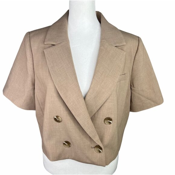 Anthropologie Maeve Beige Double-Breasted Cropped Blazer Short Sleeve Size US 14 - Picture 3 of 16